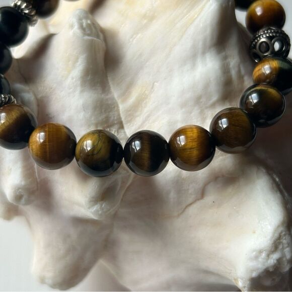 Yellow and navy Tiger Eye Beaded Bracelet 10mm sterling silver 17-19cm wrist - Picture 6 of 7